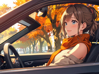  flat drawing young brunette woman driving a car, autumn leaf fall background,  autumn aesthetics, warm vibe AI generated