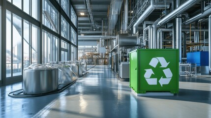 The mockup showcases a food factory featuring recycling bins and energy-efficient machinery