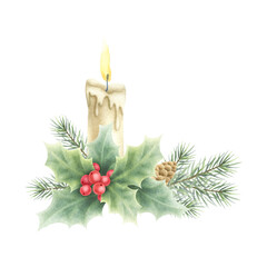 Christmas holly plant with red berries, green leaves, fir branch and cone, burning candle. Hand drawn watercolor isolated illustration for New Year postcards template, festive packaging and design.