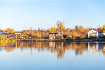 Bogorodsk, Nizhny Novgorod region, Russia, Street view of an ancient provincial Russian city on the shore of a lake on a summer evening. An ancient building of artisans, an architectural monument.