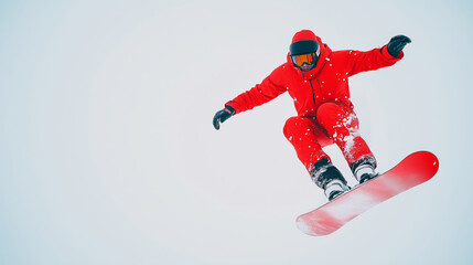 a snowboarder in the air doing a stunt on a white empty background. The snowboarder wears red