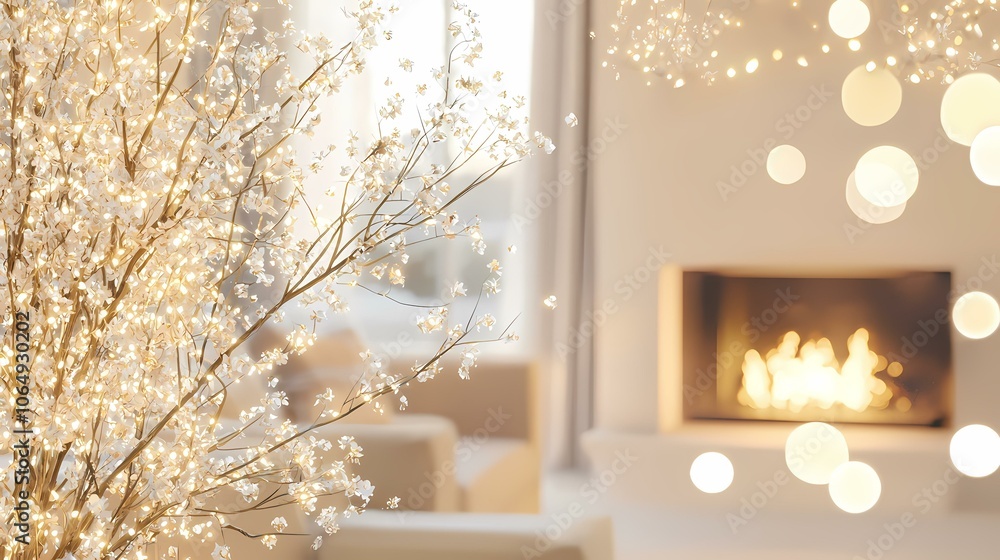 Aufkleber a close up of a glowing light string wrapped around bare branches with white flower buds on a white 