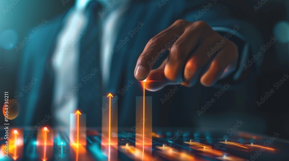 Poster a businessman wearing a suit utilizes virtual financial graphs and data visualizations to demonstrat