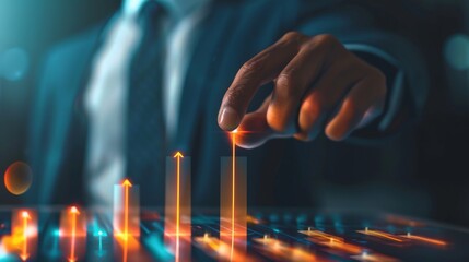 A businessman wearing a suit utilizes virtual financial graphs and data visualizations to demonstrate digital technology, financial analysis, and business strategy in a cuttingedge manner