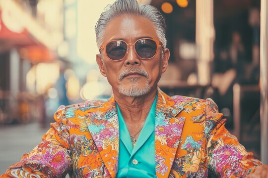 Older man in a patterned jacket and sunglasses - Powered by Adobe