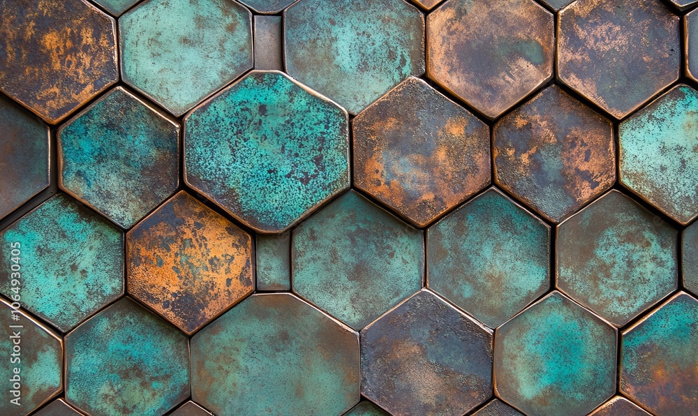 Poster a series of hexagonal tiles made of rusted copper with verdigris patina, focusing on the textures an