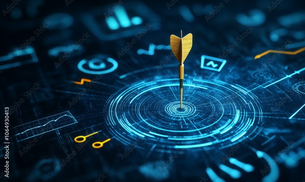 Poster a sharp, focused image of a dart hitting the bullseye on a target, symbolizing precise goal achievem