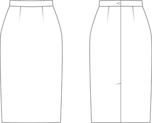Editable technical fashion sketch for a basic pencil skirt, for apparel design, tech packs, and fashion production. Front and back view.