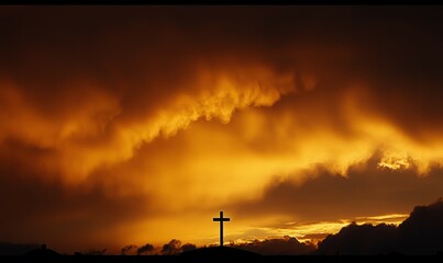 Naklejka premium A silhouetted cross at dawn, with the first light of day casting a soft golden glow on the clouds