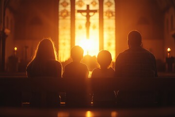 Family silhouetted against a stained glass window.
