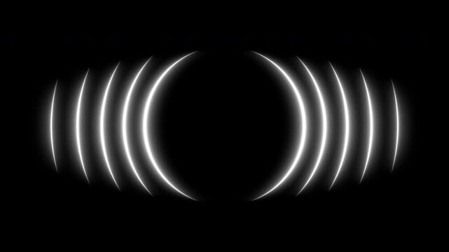 White neon glowing sound waves loop animation. Bright radial pulsating lights. Audio waveform, radio wave signal, radar, connection, searching process visualization concept in futuristic interface