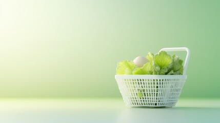 Fresh Produce Basket: A minimalist depiction of fresh green lettuce, nestled in a delicate basket with a clean, gradient background, embodying the essence of natural, healthy eating.