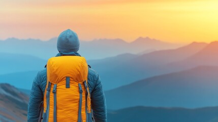 Contemplating the Summit: A lone hiker, silhouetted against a breathtaking mountain sunrise, gazes out over a vista of majestic peaks, capturing the essence of adventure and the beauty of nature.  