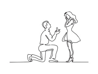 Continuous line drawing. Vector illustration. Man kneeling offering engagement ring and woman surprised silhouette isolated on white background highly detailed.
