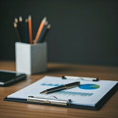 Desk filled with office stuff, analytics, pen and paper, laptop, market analyst 