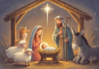 Cartoon illustration of the nativity scene representing the holy family praying in the manger with baby jesus, ox, donkey and sheep under the star of bethlehem © Running opossum