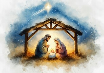 Joseph and mary are praying in front of baby jesus in a manger with straw under a shining star, a watercolor christmas nativity scene © Running opossum