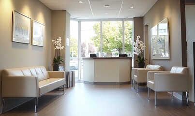 A soothing clinic interior showcases soft lighting and a tranquil atmosphere, inviting patients to feel at ease while waiting for their appointments