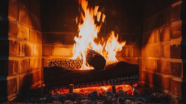Festively adorned brick fireplace with a brightly burning yule log for christmas celebration