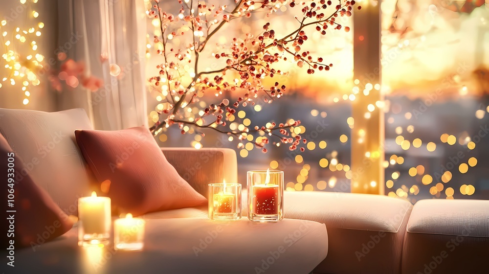 Aufkleber three burning candles are on a white couch with a pink pillow in front of a window that has a blurry
