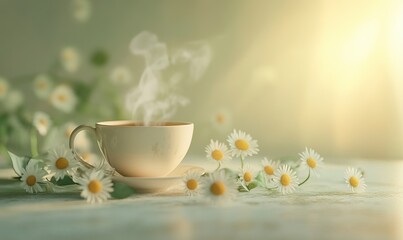A steaming cup of chamomile tea rests amidst fresh daisy flowers on a pale olive surface, creating a calming and inviting atmosphere perfect for relaxation