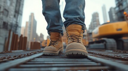 Photograph of a construction worker walking on steel