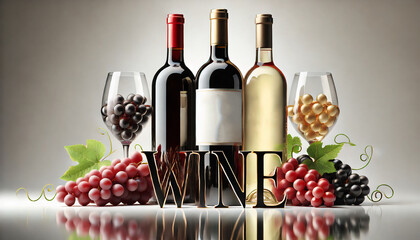 Fototapeta premium Three elegant wine bottles with grapes and glasses, highlighting sophistication in wine tasting