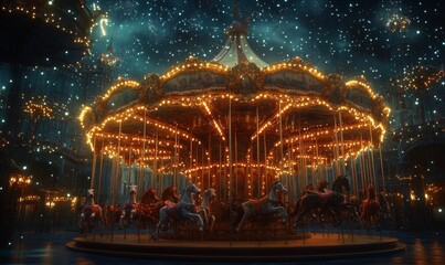 Fototapeta na wymiar A carousel with horses lit by fairy lights.