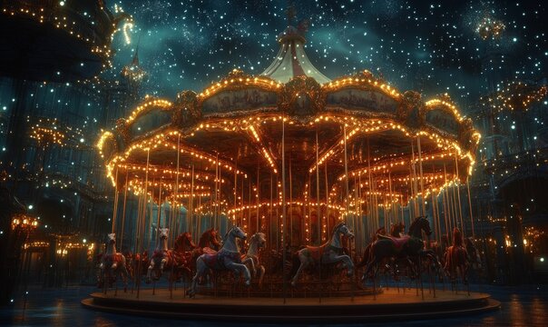 A carousel with horses lit by fairy lights.