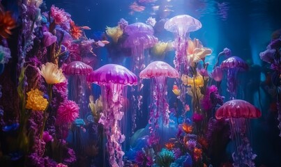 Pink jellyfish and flowers underwater.