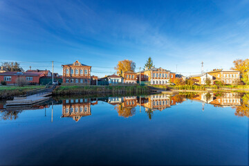 Bogorodsk, Nizhny Novgorod region, Russia, Street view of an ancient provincial Russian city on the shore of a lake on a summer evening. An ancient building of artisans, an architectural monument.