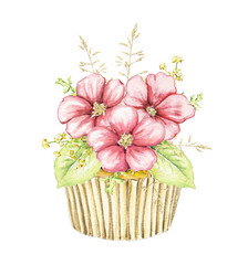 Muffin with three pink flowers and foliage isolated on white background. Watercolor hand drawn illustration