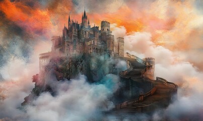 Fototapeta premium Stone castle on cliff with cloudy sky.