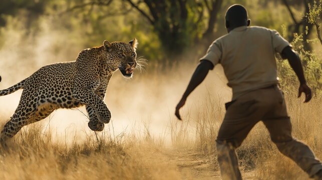 a leopard attack a middle-aged black man in africa