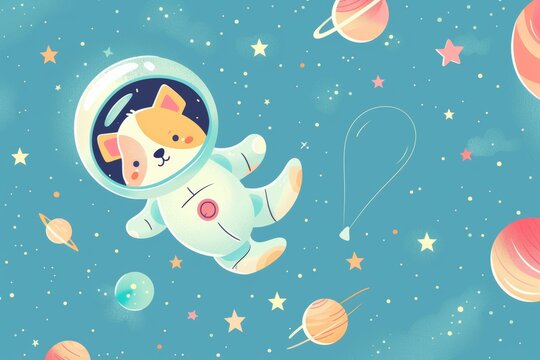 Cute corgi astronaut floating in space with planets and stars - Powered by Adobe