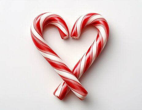 Two red and white candy canes crossed to form a heart shape, representing love and holiday cheer. Isolated on white