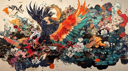 Mythical Phoenix Bird in a Floral Paradise: Abstract Art