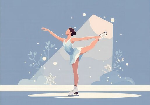 Graceful figure skater executing a biellmann spin on ice, illuminated by a spotlight, snowflakes falling around, winter sports concept