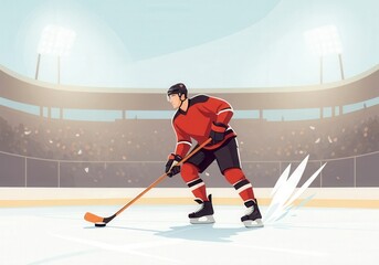 Obraz premium Hockey player skating with puck on ice rink during professional match in crowded arena