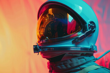 Fototapeta premium Glamorous astronaut in space with moon reflection on helmet, fantasy artwork in a pink cosmic retro scene, Generative AI