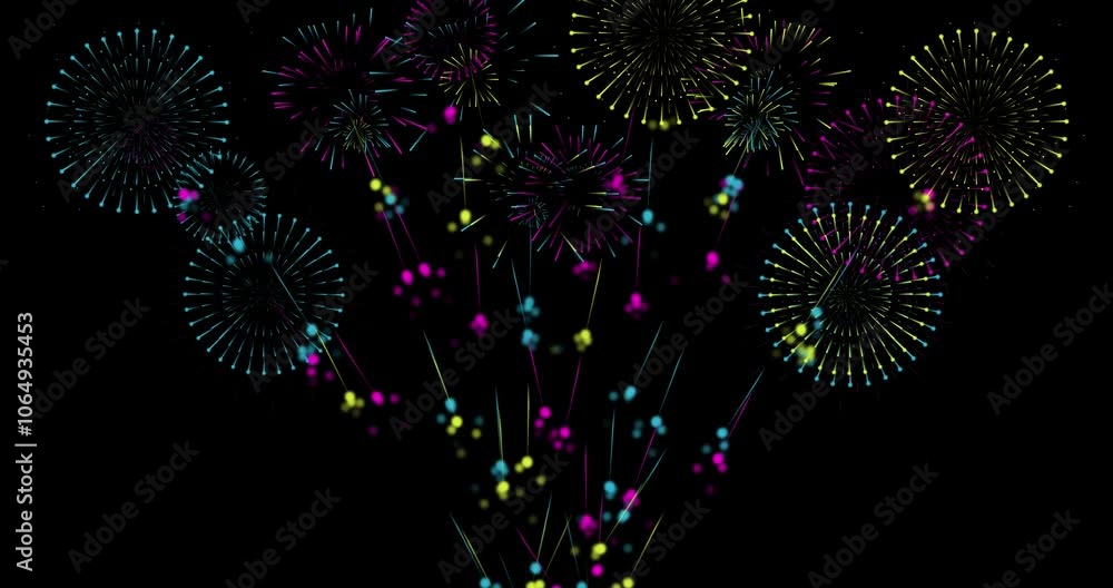 Poster animated fireworks with sparkling overlays, creating a celebratory atmosphere for festive projects