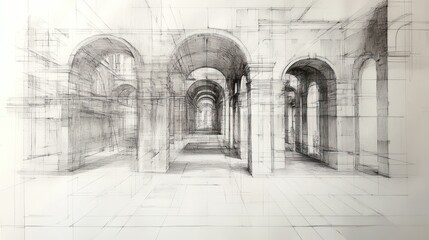 A detailed architectural sketch depicting a series of arches and columns in a spacious corridor.