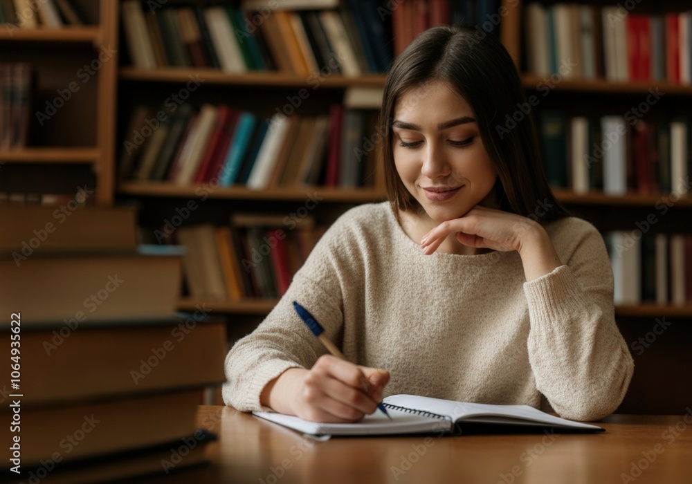 Poster female student taking notes in a notebook while sitting at a desk in a library, surrounded by books