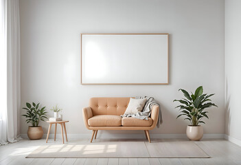 Mock up poster frame  in minimalist style interior background, template