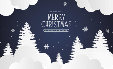 Merry christmas greeting card vector design. Christmas paper cut clouds, pine tree and fir tree with decoration elements template. Vector illustration paper cut greeting card.