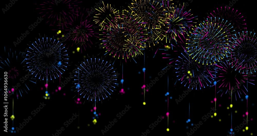 Poster Overlay animation of sparkling fireworks bursting in colorful patterns, perfect for event video backdrops for celebration
