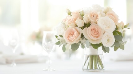 Elegant Floral Arrangement: A stunning bouquet of delicate roses in various shades of cream and peach, artfully arranged in a clear glass vase, set against a soft, diffused background.