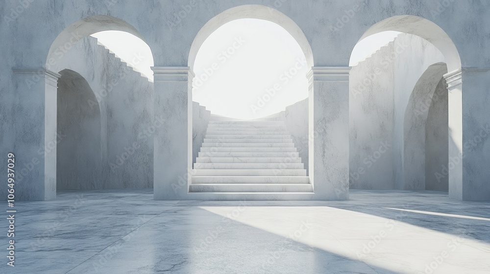 Poster bright light filters through a series of elegant arches, illuminating a pristine white staircase. th