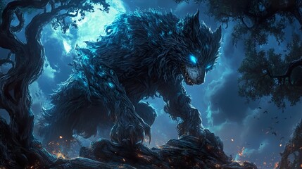 Mythical Wolf Creature in a Dark Forest