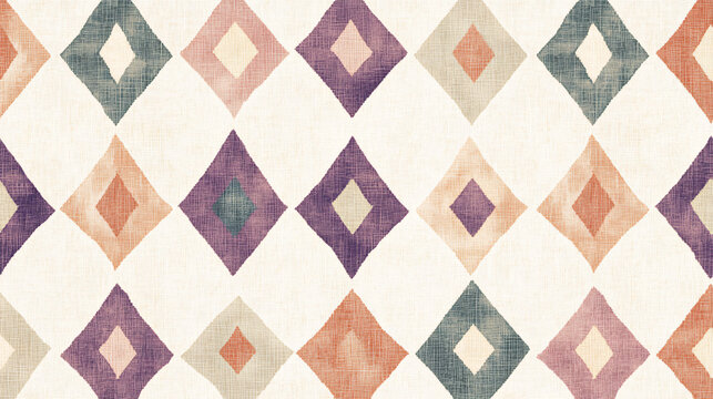 A detailed wallpaper pattern showcasing traditional Ikat-inspired shapes, including large diamonds and complex geometric motifs. The color palette of rich purples, earthy greens, and warm ochre